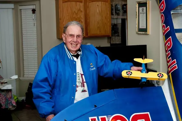 Frank Heiss with a micro-sized PT-17. — with Frank Heiss.